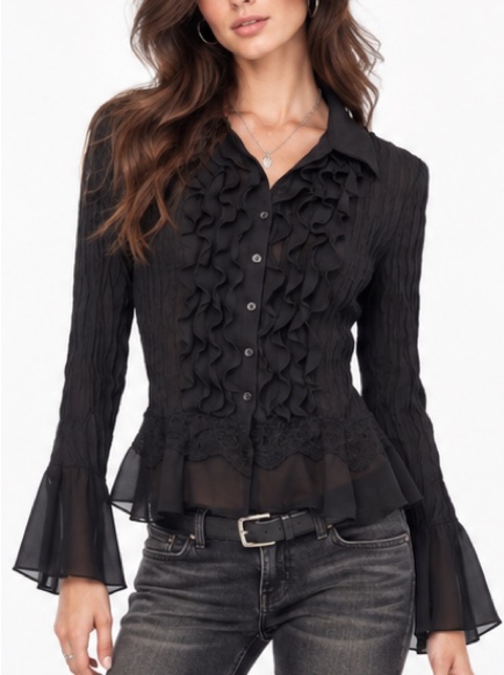 Michele Michelle Vintage Y2K Black Ruffle Blouse Top Victorian Goth XS Small